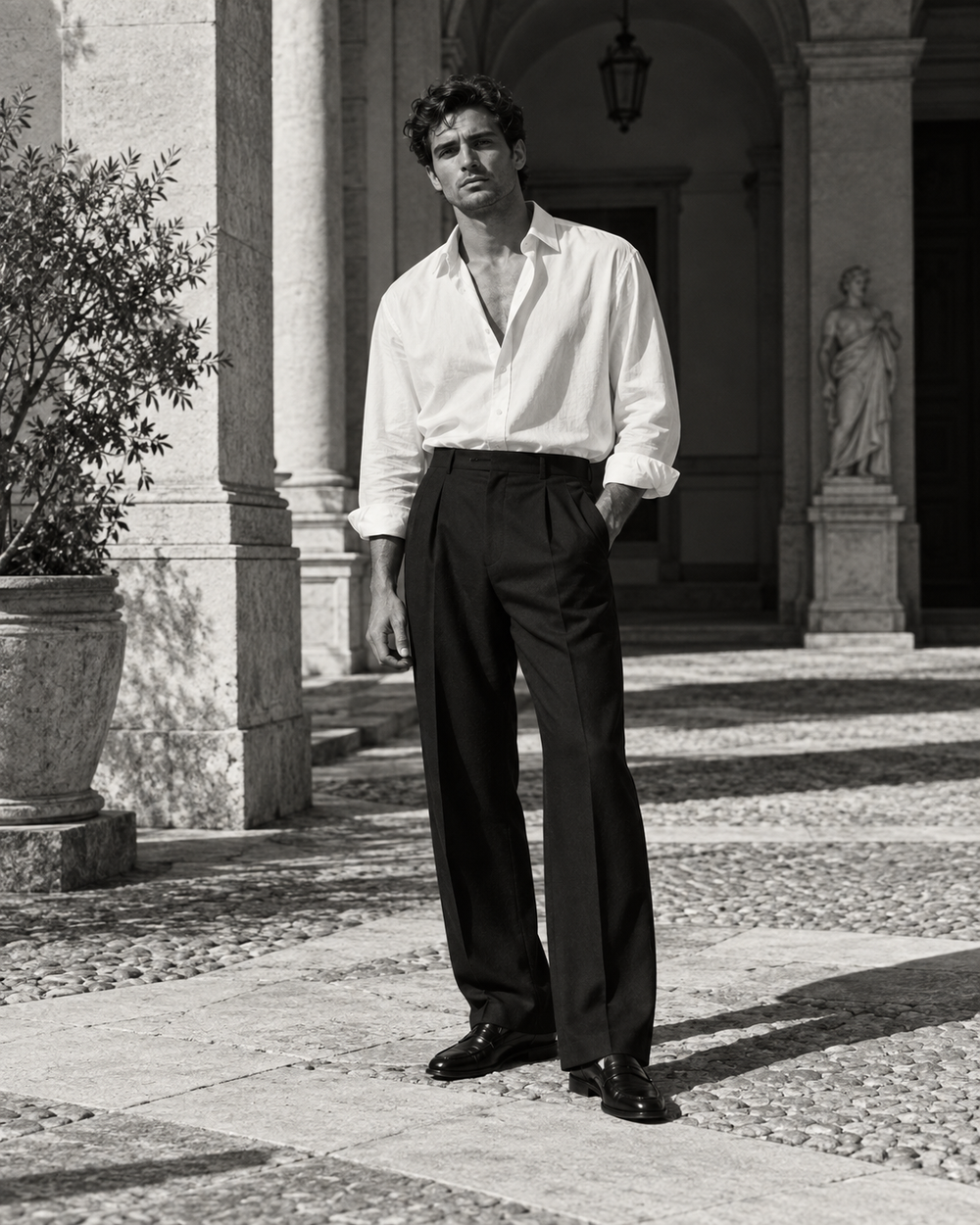 Campagna Centromoda, camicia bianca e pantaloni sartoriali uomo